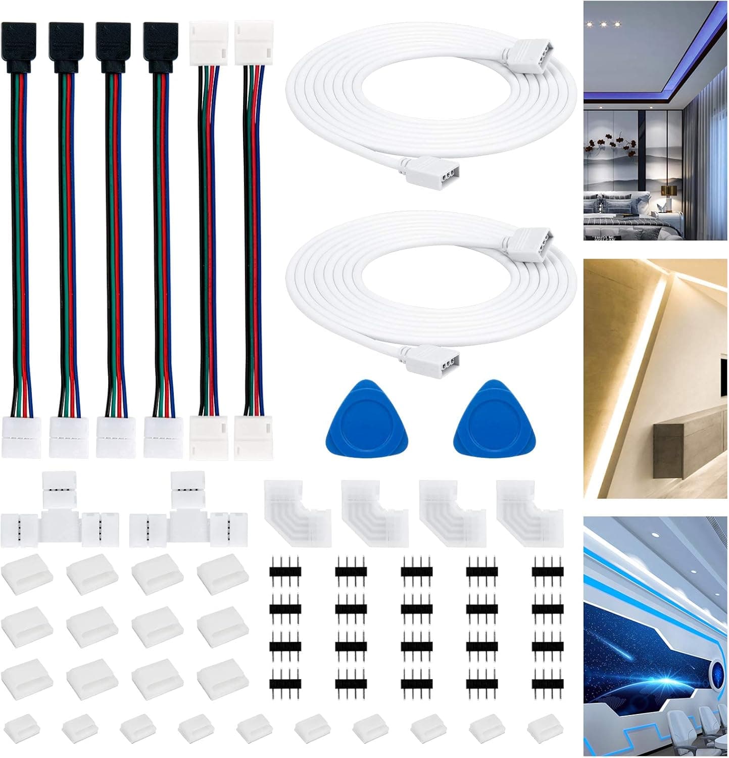 4-Pin LED Strip Connector, 10mm RGB Extension Cable Connectors Includes 26x Solderless Connectors, 6X LED Jumper, 2X RGB Cable, 20x LED Clips for Multicolor Strip Lights 5v 12v 24v for DIY …