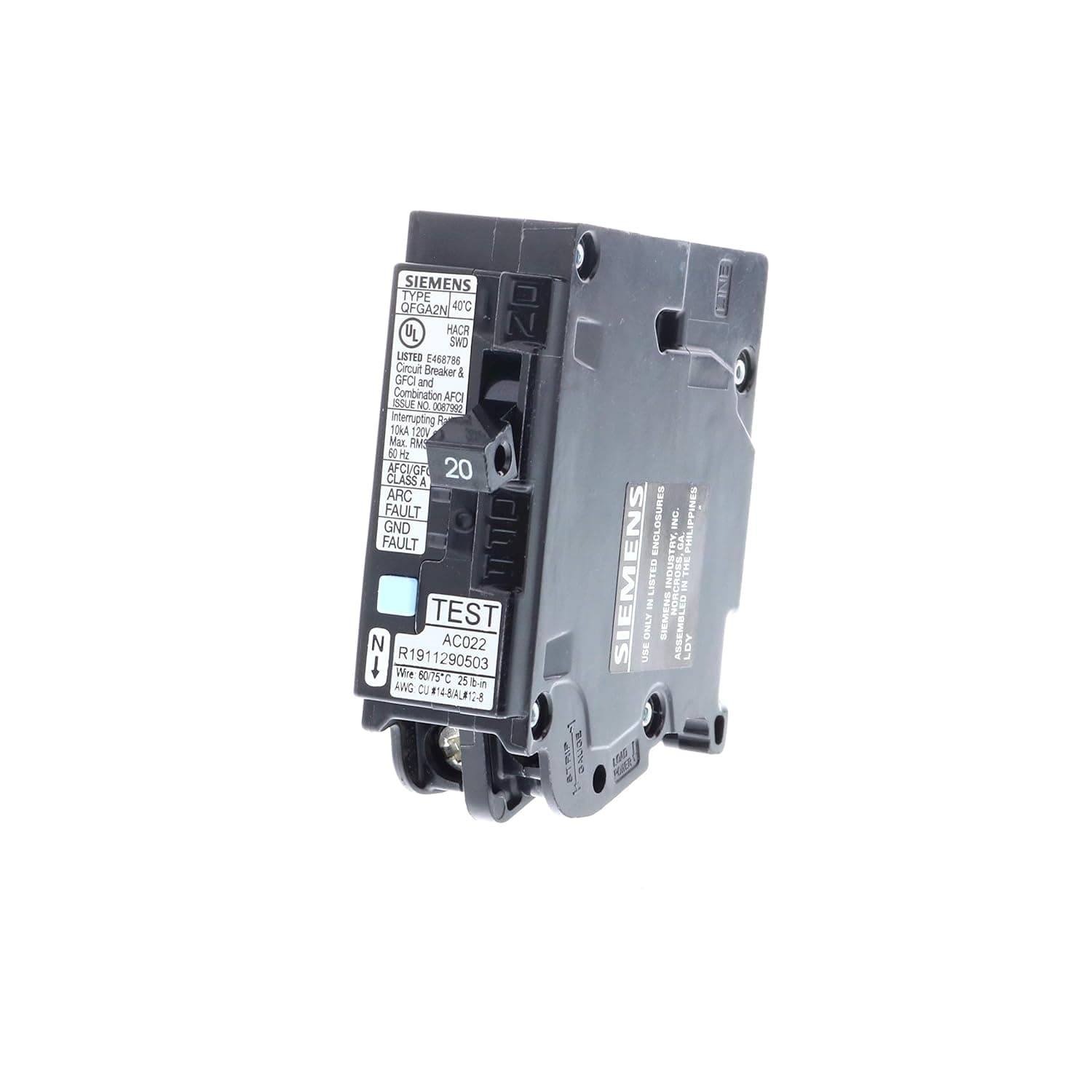 Siemens Q120DFN 20 Amp 1-Pole Dual Function (CAFCI/GFCI) Plug-On Neutral Circuit Breaker, Black