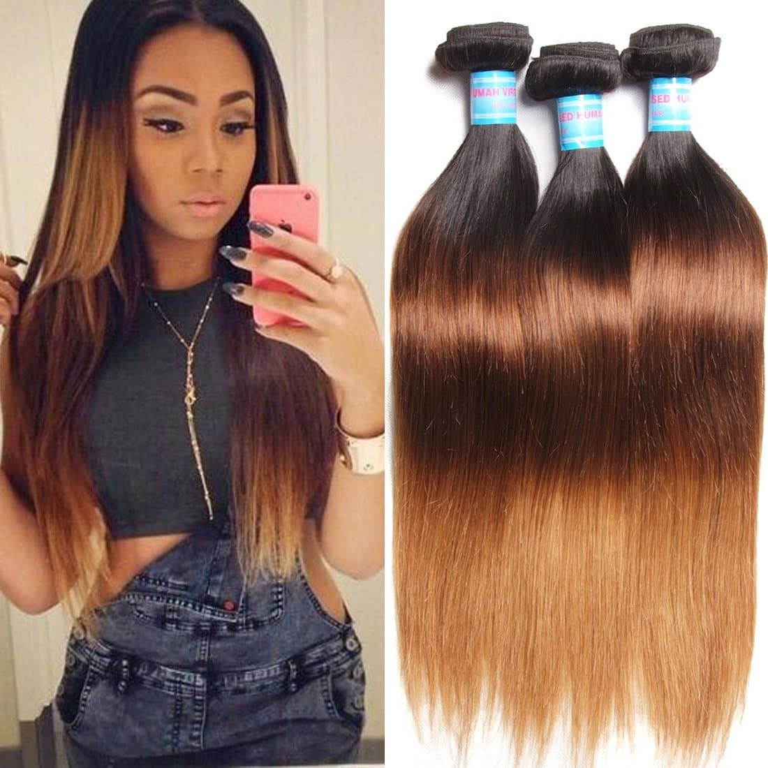 KLAIYI Ombre Hair Extensions Brazilian Hair 3 Bundles 16 16 18Inch Remy Straight Hair 3 Tone 1b#/4#/27# Real Human Hair Weave Pack of 3