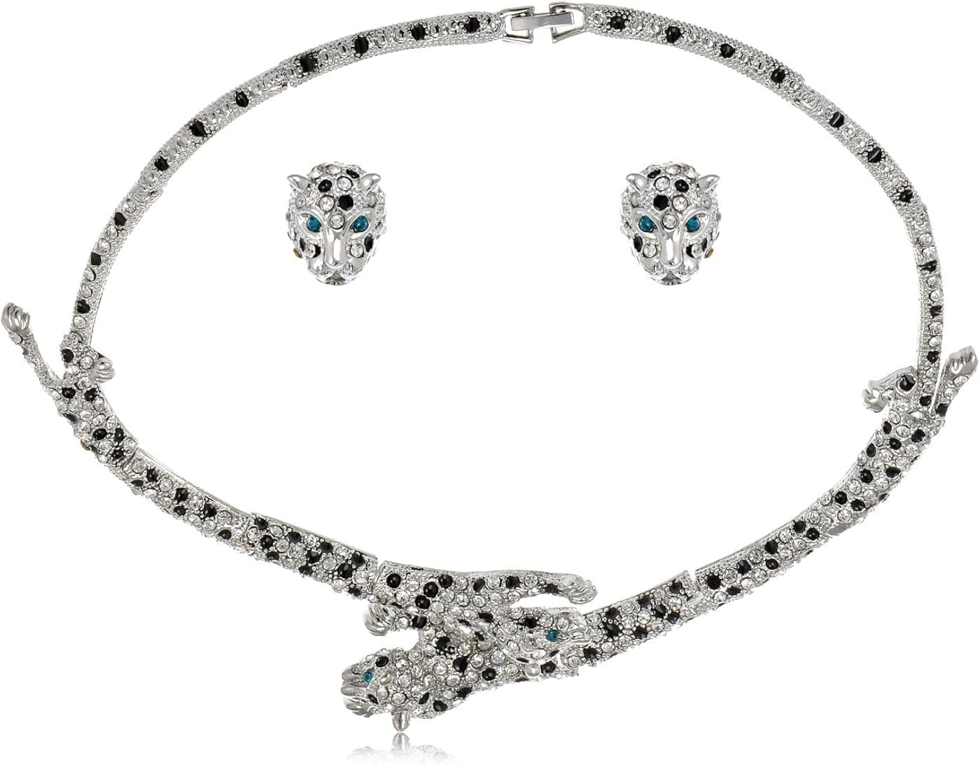 Alilang Womens Silvery Tone Clear Rhinestones Animal Spotted Leopard Cheetah Necklace Earrings Set