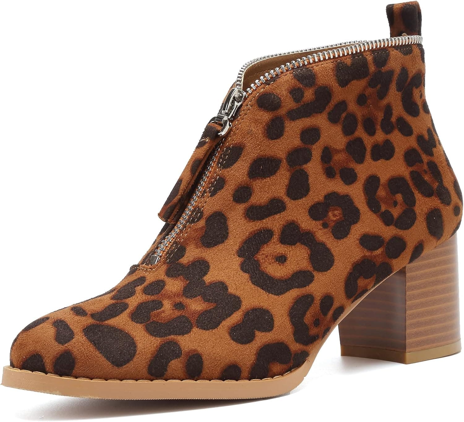 SNIDEL Ankle Boots for Women Chunky Heels Suede Booties Low Heel Shoes Casual Leopard Dress Boots with Zippers…