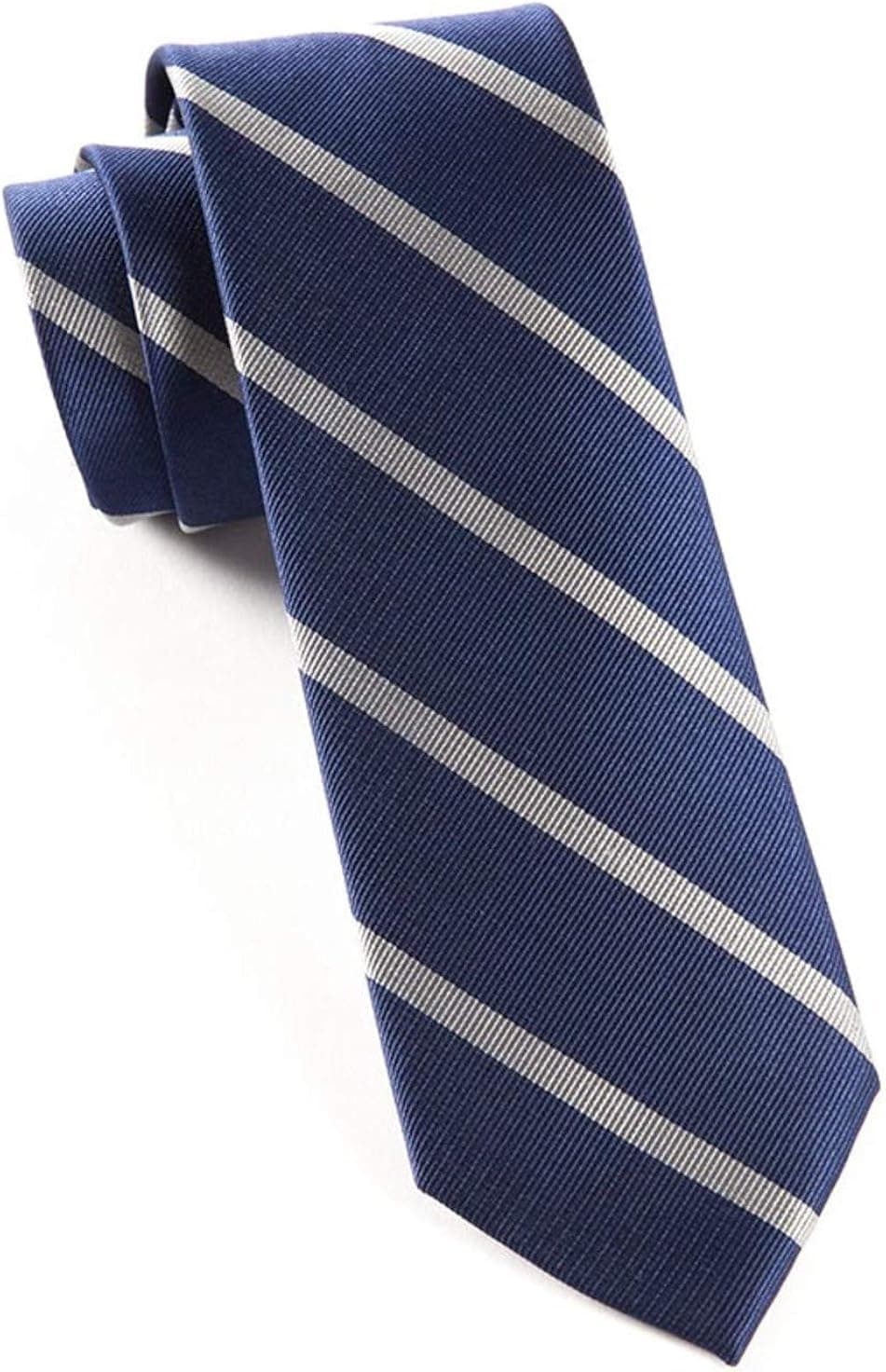 The Tie Bar 100% Woven Silk Navy and Silver Trad Striped Tie