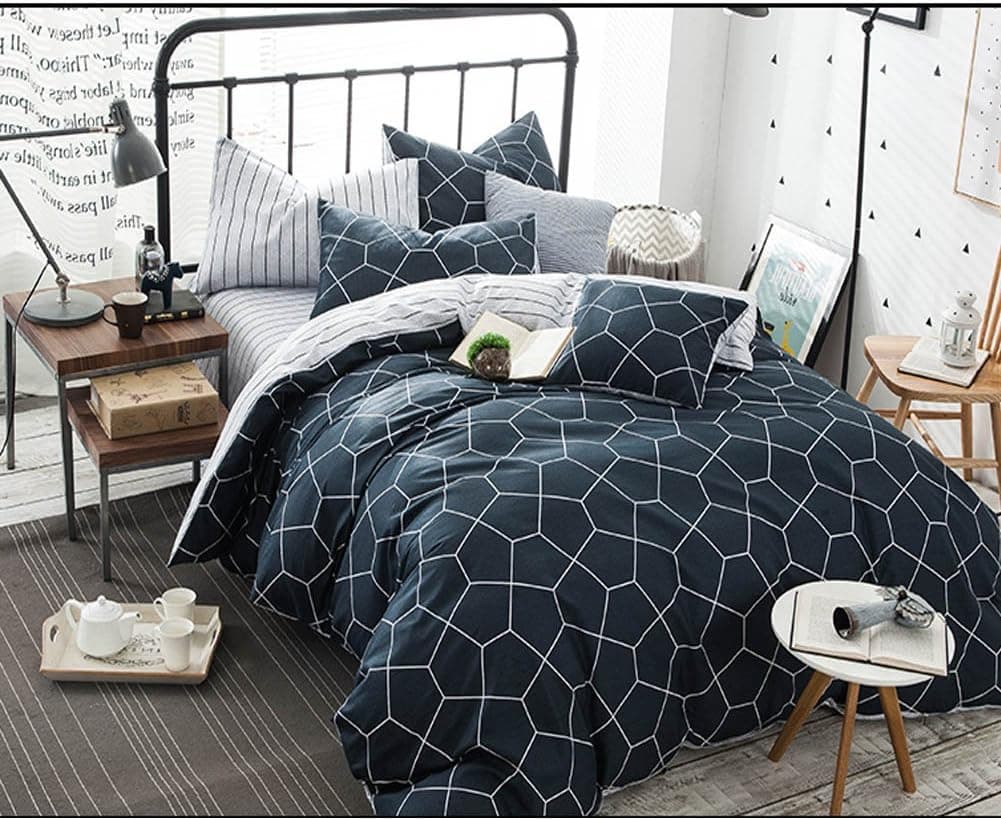 Bedding Duvet - Cover - Set- Queen Geometric, 3 piece Diamond Pattern Luxury Hypoallergenic Microfiber Comforter Quilt Cover with Zipper Closure, Ties - Best Modern Style for Men and Women, Navy Blue