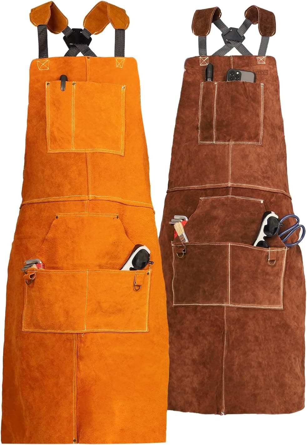 VIYUVA Leather Welding Apron With 6 Tool Pockets Heat & Flame Resistant Heavy Duty Welders Apron, 24"x 36",26"x 40",Adjustable M to XXXL For Men & Women (24"x 36", Brown)