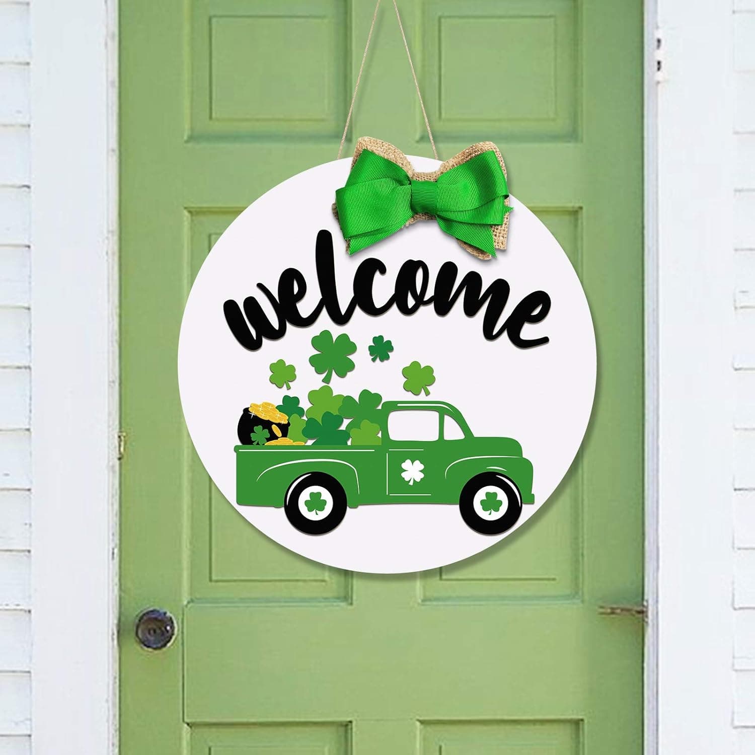 St Patrick's Day Door Hanger, Green Truck Welcome Door Sign Irish Holiday Front Door Decor Rustic Shamrock Wreath Clover Farmhouse Wood Door Decor Saint Patty's Day Housewarming Gift