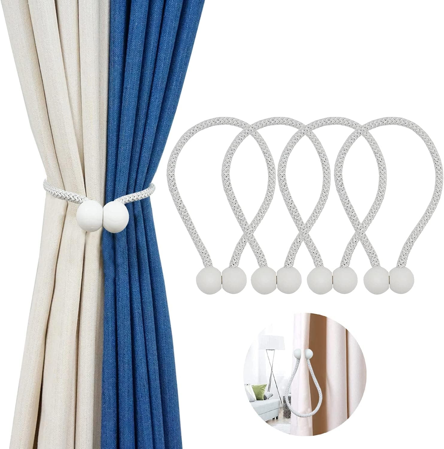 HIASTRA Magnetic Curtain Tiebacks, 4 Pack White Decorative Tie Backs for Curtains Rope Outdoor Holder Without Hooks for Sheer Blackout Drapes