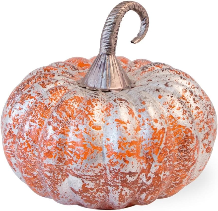 Boston International Decorative Handblown Glass Pumpkin Figurine, 7 x 7-Inches, Melon Orange with Foil