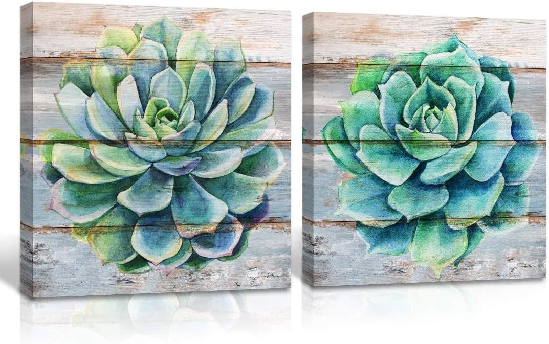 Loomarte Succulent Canvas Wall Art for Living Room Decor Set of 2 Bathroom Decor Green Plant Wall Decor Watercolor Flowers Prints Home Decor Posters & Prints on Canvas Paintings 12"x12" Frame
