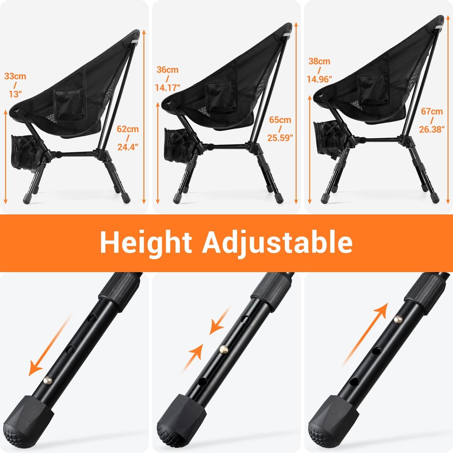 Sportneer Portable Folding Outdoor Camping Chair Adjustable Height Lightweight Camp Chairs for Adults Foldable Compact Backpacking Collapsible Chair for Camping Hiking Picnic Outside (1, Black)