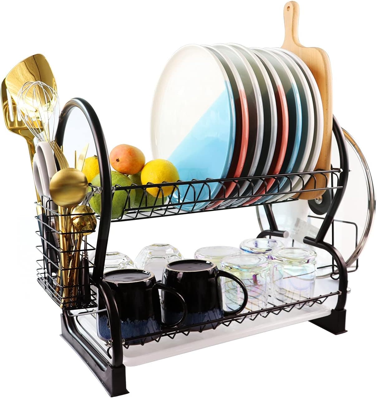 MANDOYV LITSPED Dish Drying Rack, 304 Stainless Steel Dish Rack 2-Tier with Utensil Holder, Cutting Board Holder and Dish Drainer for Kitchen Counter (Black, Stainless Steel 201)