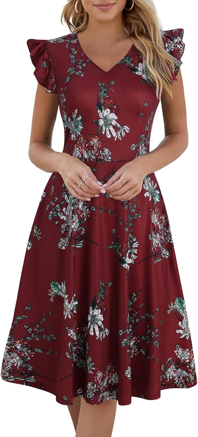 Women's Elegant Vintage Ruffle Sleeves Casual Work A-Line Fit and Flare Cocktail Dress with Pockets 992