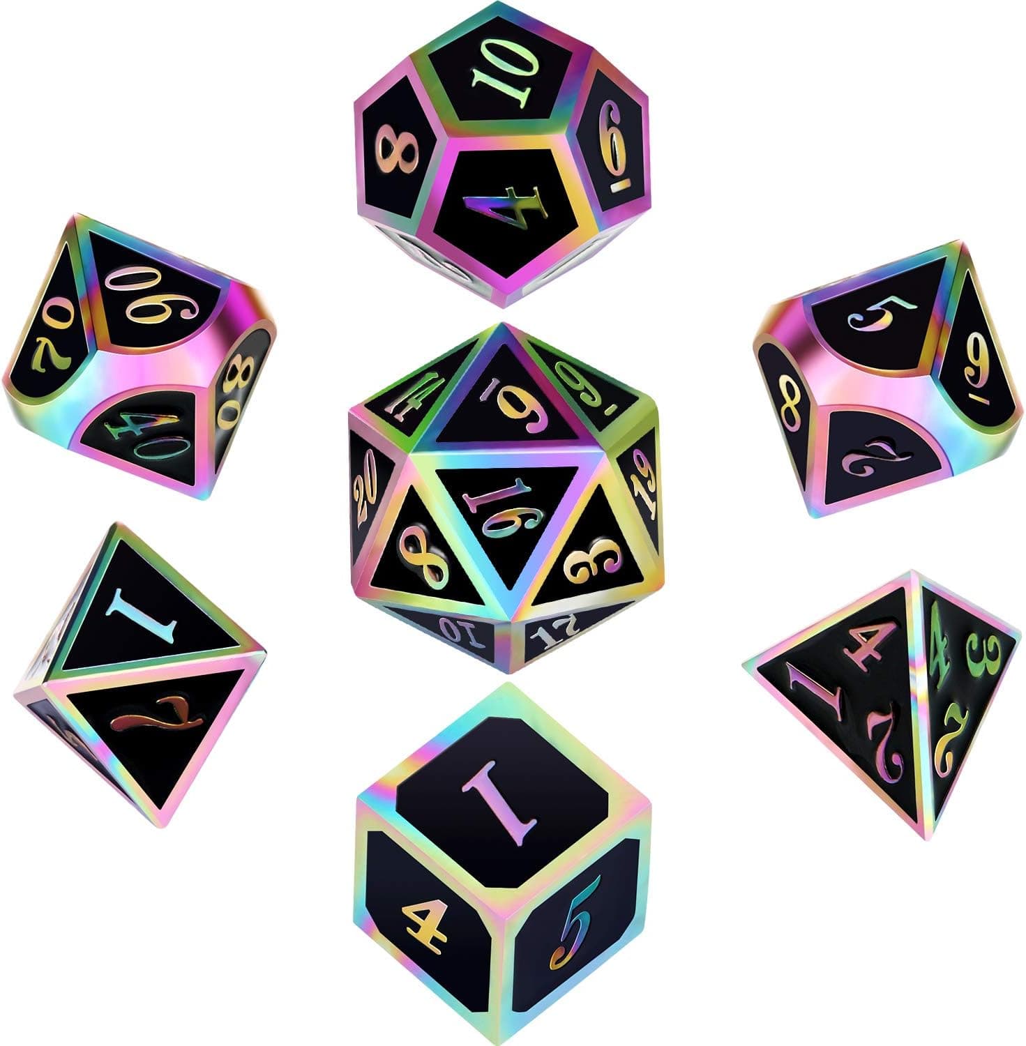 Polyhedral Metal Dices Set Zinc Alloy with Enamel Solid Metal Compatible with DND Game, Tabletop RPG, Dungeons and Dragons, Math Teaching, 7 Pieces Dice Set with Black Velvet Bag (Electrophoretic Colorful Black)