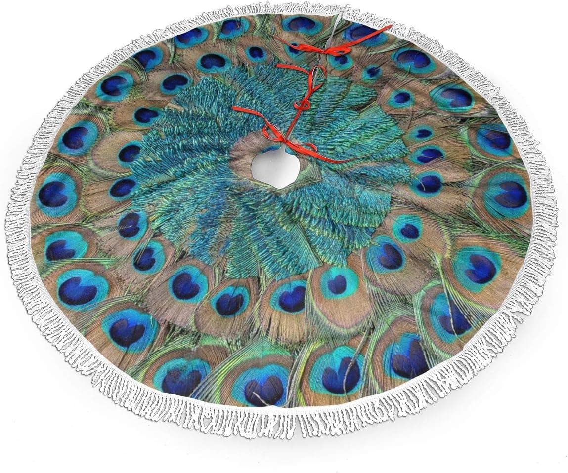 Peacock Feather Circle Christmas Tree Skirt 48" Large Halloween Xmas Tree Decor for Holiday Party Decor Christmas Decoration