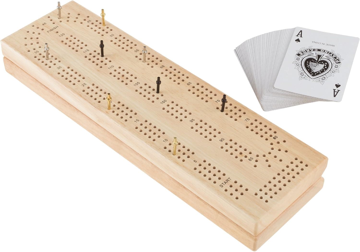 Wood Cribbage Board Game Set- Complete Set With Playing Cards, Pegs, Wood Board and Storage Area for Adults and Kids, Boys and Girls by Hey! Play!