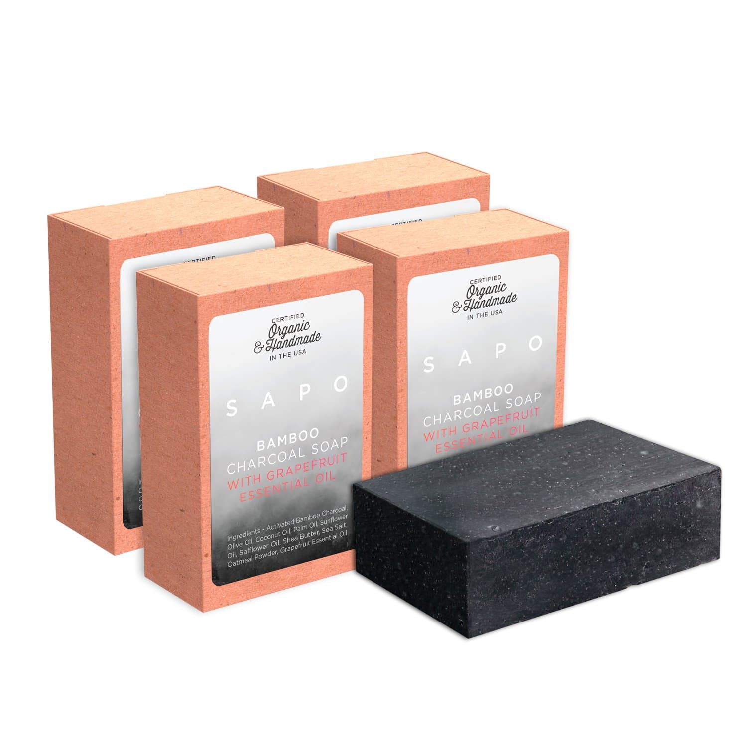 SAPO Organic Bamboo Charcoal Soap Bar [4 Packs] - 100% Natural US Handmade - Face and Body Cleanser For Acne, Psoriasis, Eczema, Sensitive Skin - Coconut Oil, Oatmeal, Shea Butter - 4 Oz Each Bar