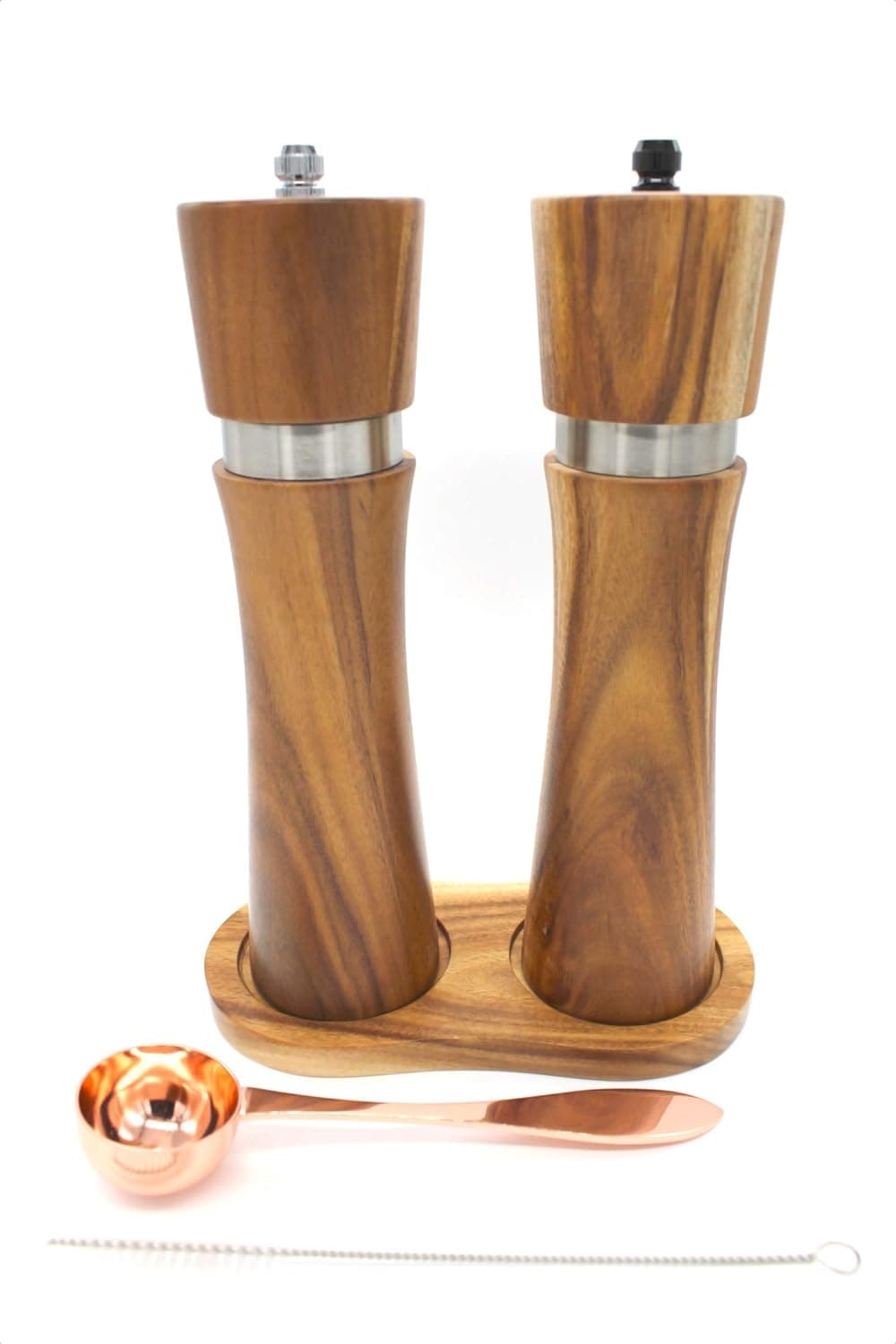 Wooden Salt and Pepper Grinder Set, Manual Acadia Wood Pepper Mill and Salt Grinder with Wood Tray, Rose Gold Scoop, Cleaning Brush, Funnel, 8in Salt and Pepper Gift Set of 2