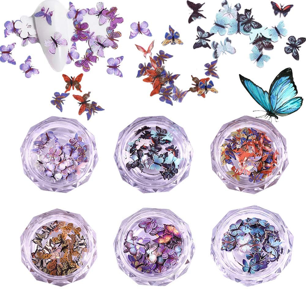 3D Butterfly Nail Glitter Sequins, EBANKU Holographic Simulation Butterfly Nail Sequin Acrylic Paillettes, Sparkle Nail Glitter for Nail Art Decoration (6Boxes)