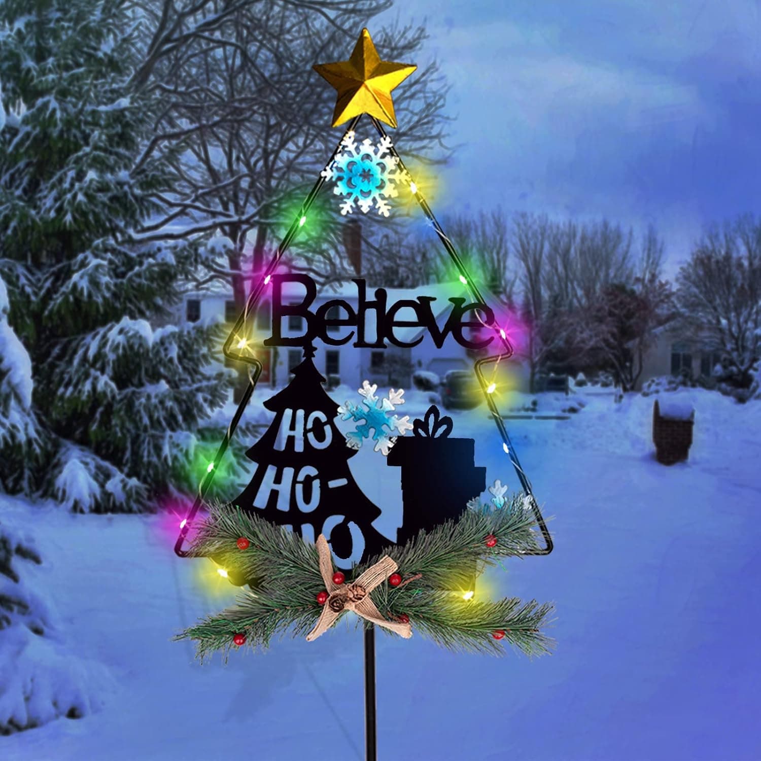 VEWOSTAR Solar Christmas Light Decorations Outdoor Metal Xmas Tree with Believe Sign Pathway Light for Lawn Patio Sidewalk Garden
