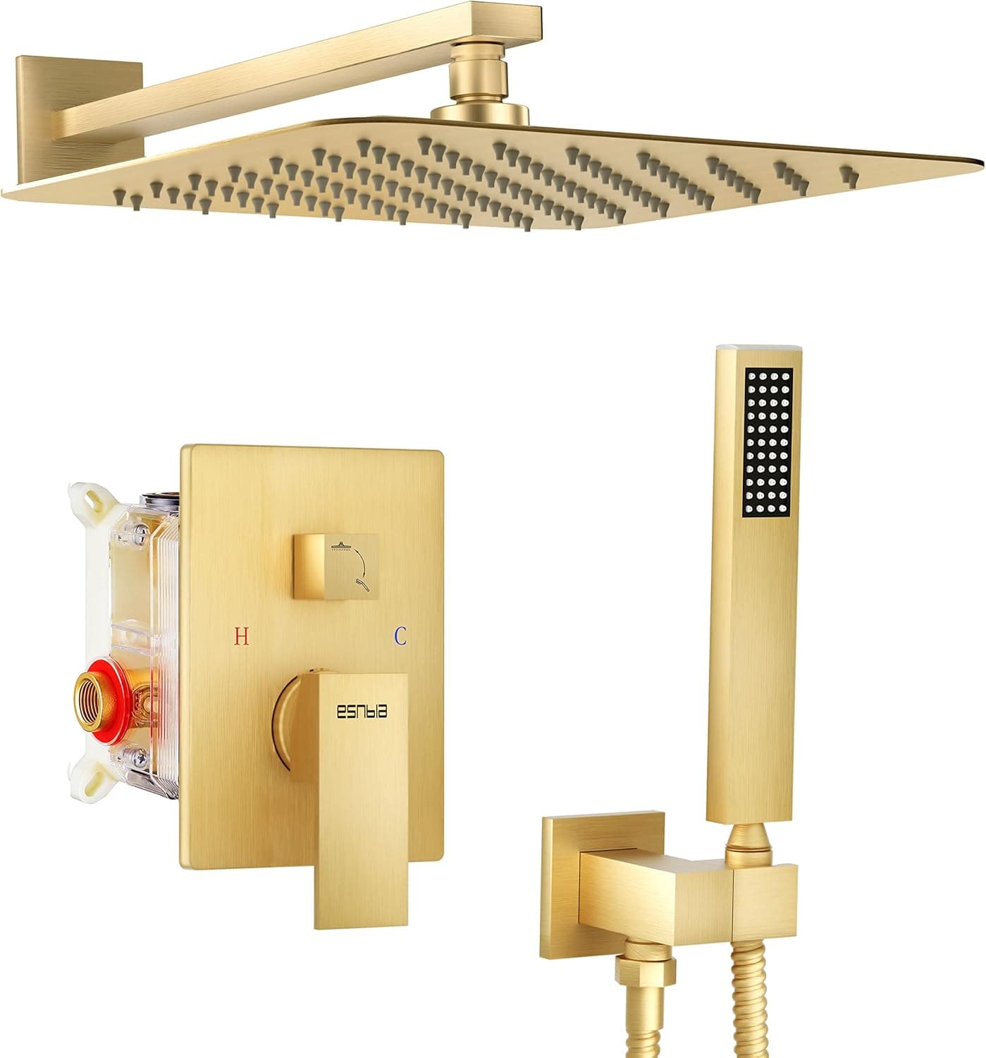 ESNBIA Brushed Gold Shower System, Bathroom 10 Inches Rain Shower Head with Handheld Combo Set, Wall Mounted High Pressure Rainfall Dual Shower Head System, Shower Faucet Set with Valve and Trim