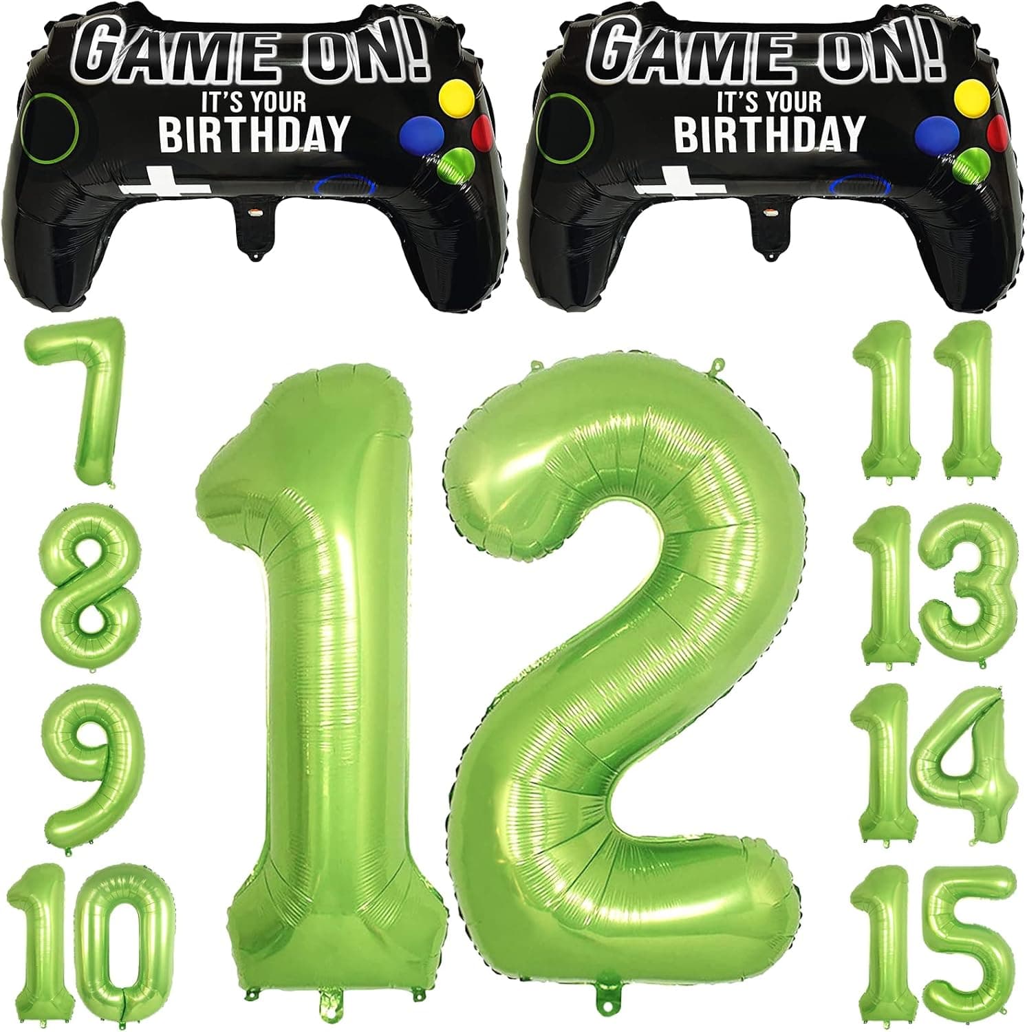 Video Game Party Balloons for Boys 12th Birthday Decorations- 2 Packs Game Controller Mylar Balloons with Green Number Balloons 12