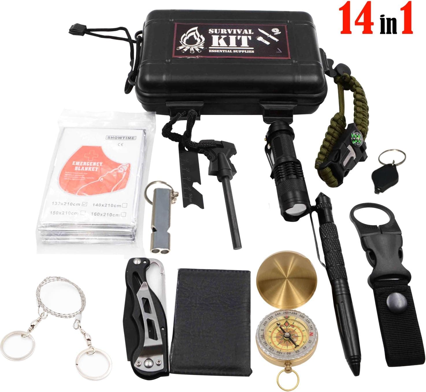 Outdoor Survival Kits 14 in 1 Emergency SOS Survive Tool for Wilderness/Trip/Cars/Hiking/Camping gear - Wire Saw, Emergency Blanket, Flashlight, Tactical Pen, Water Bottle Clip, Paracord ect.