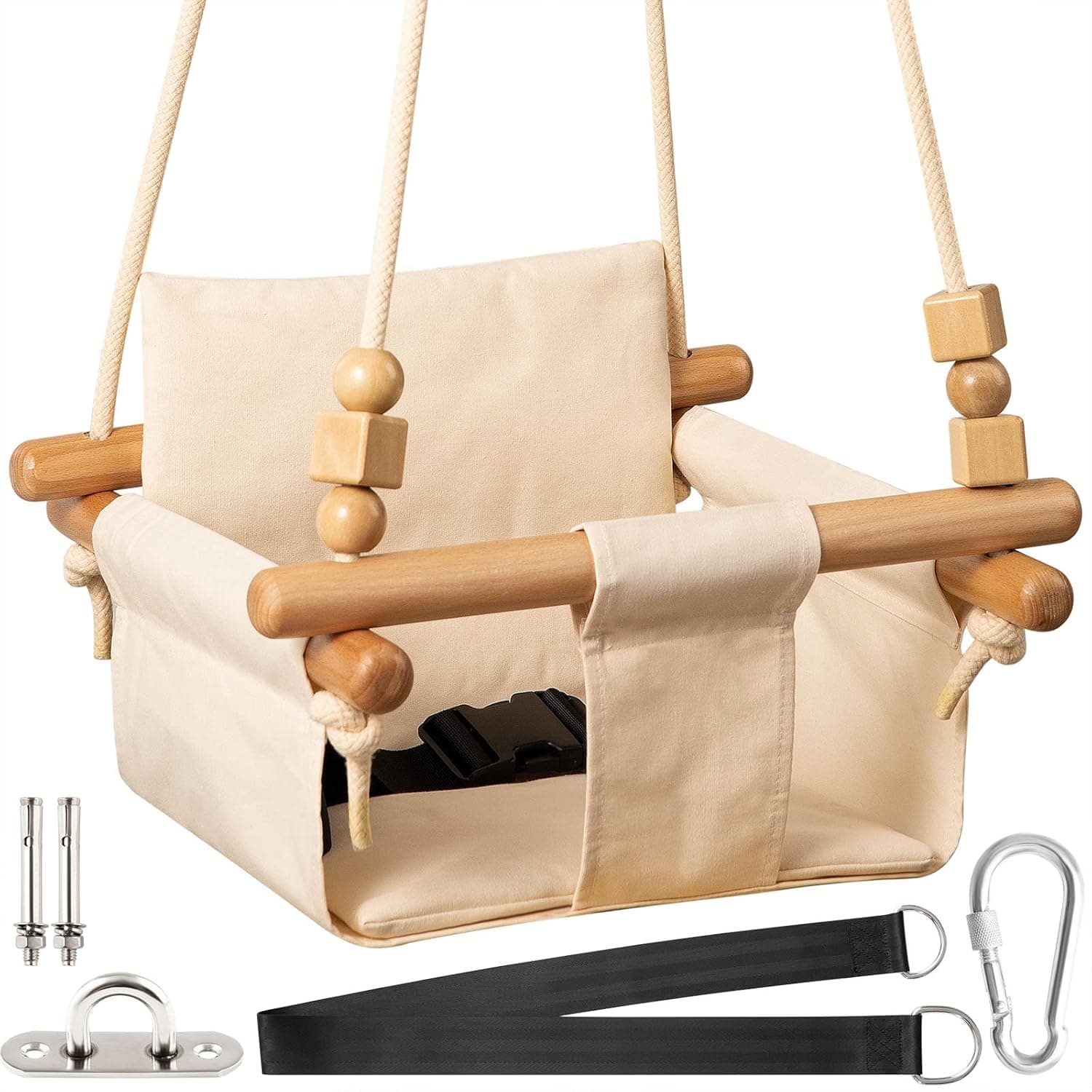 Yangbaga Baby Canvas Swing Seat with Belt, Wooden Hanging Chair Swing Seat Indoor and Outdoor for Toddler Boys Girls Tree and Backyard White