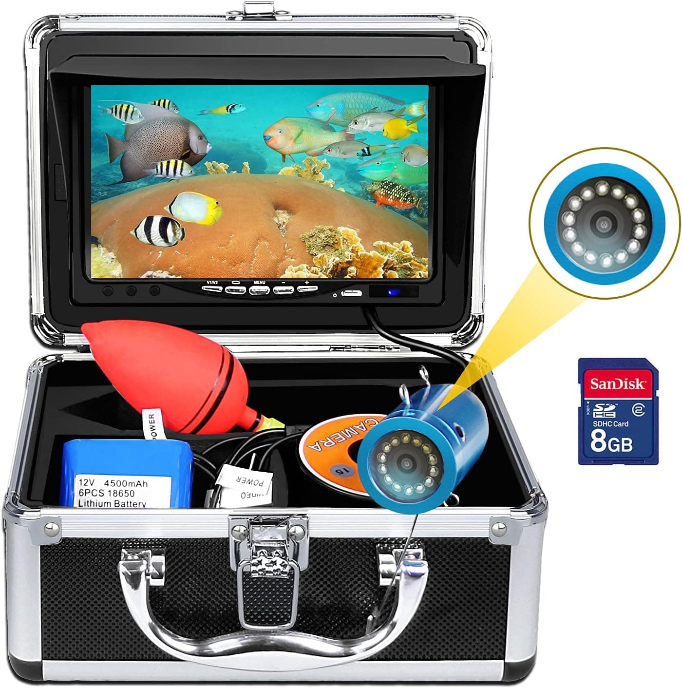 Underwater Fishing Video Camera, okk 7" Color LCD Monitor Fish Finder with 12pcs White LEDs and IP68 Waterproof Camera 1000tvl Cable for Ice, Lake, Boat Fishing