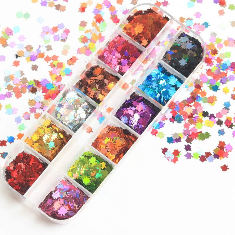 1 Box Maple Leaf Glitter Nail Sequins 12 Colors 3D Confetti Glitter,Fall Leaves for DIY Nail Art,Holographic Foil Flakes Laser Acrylic Manicure