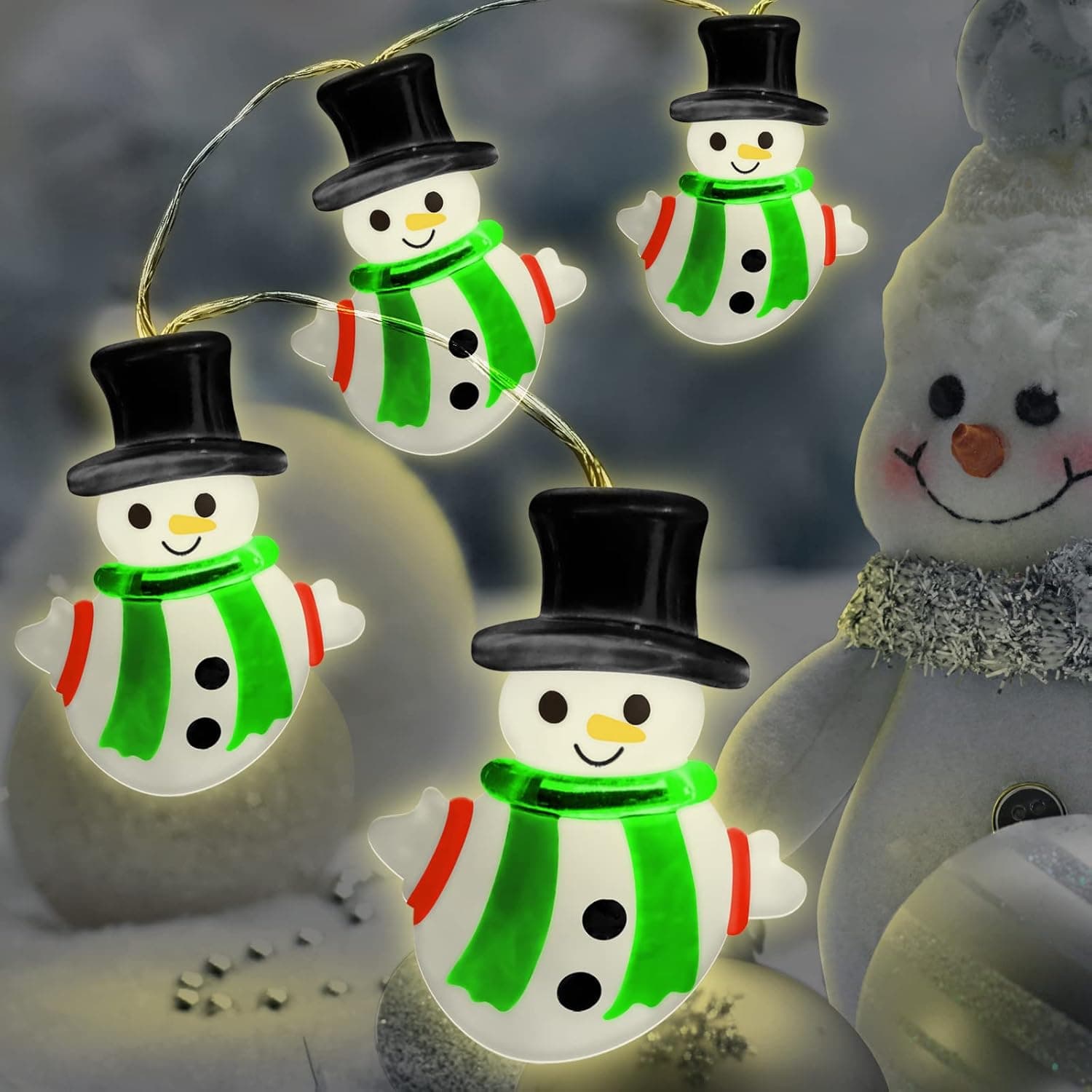 NIMOCO Christmas String Lights, 11Ft Christmas Tree LED String Lights 20 PCS 3D Snowman Covers, Waterproof String Light for Christmas Outdoor Indoor Home Party Decorations, with Christmas Cards