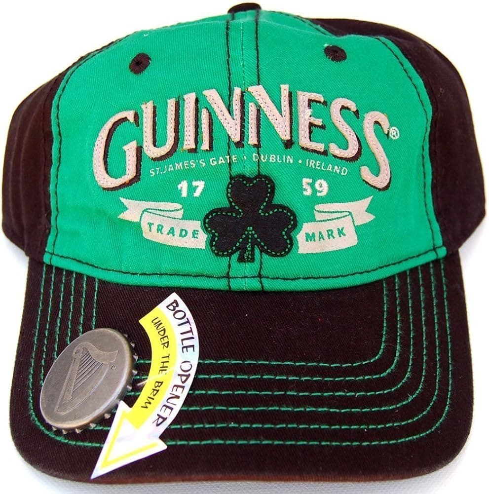 Guinness Stout Distressed Hat Cap w/Bottle Opener On Bill - Kelly Green/Black