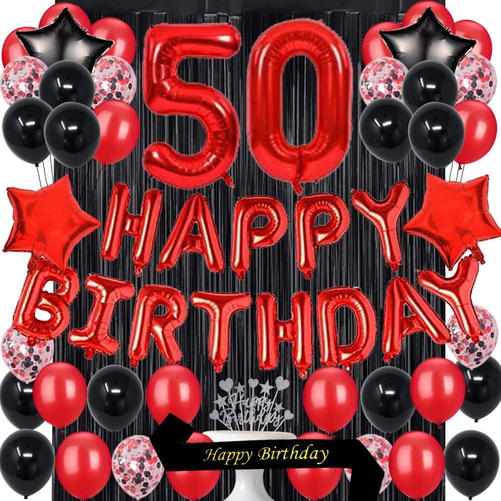 Fancypartyshop Fancy 50TH Birthday Party Decorations Supplies Red Black Later Balloons Happy Birthday Cake Topper Sash Foil Black Curtains Foil Star Balloons Number Red 50
