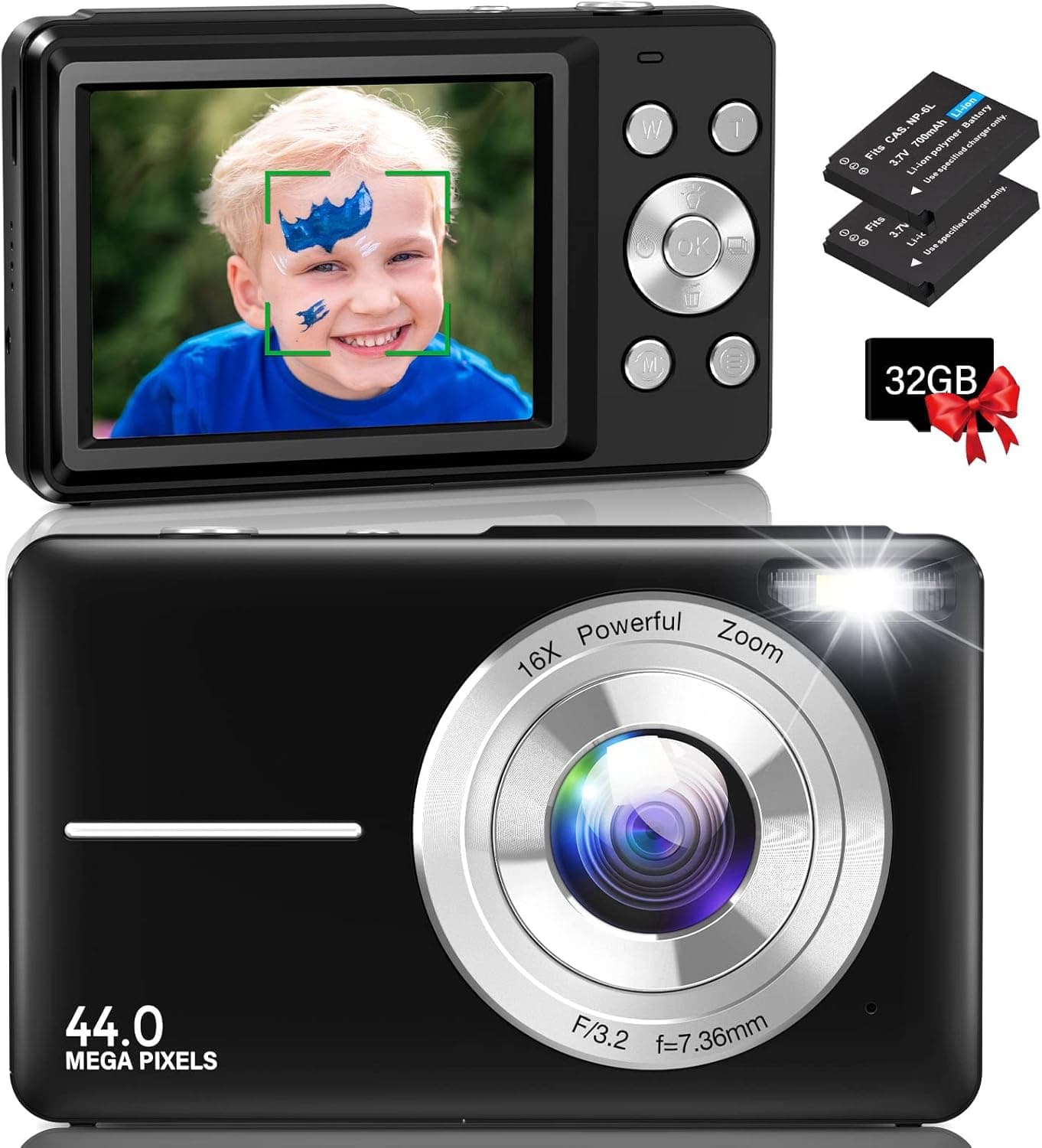 Digital Camera, Auto Focus Kids Camera,HOORUAN 1080P & 44MP Vlogging Digital Camera with 32GB Card, 16X Digital Zoom Compact Point and Shoot Camera, Portable Mini Kids Camera for Teens Students