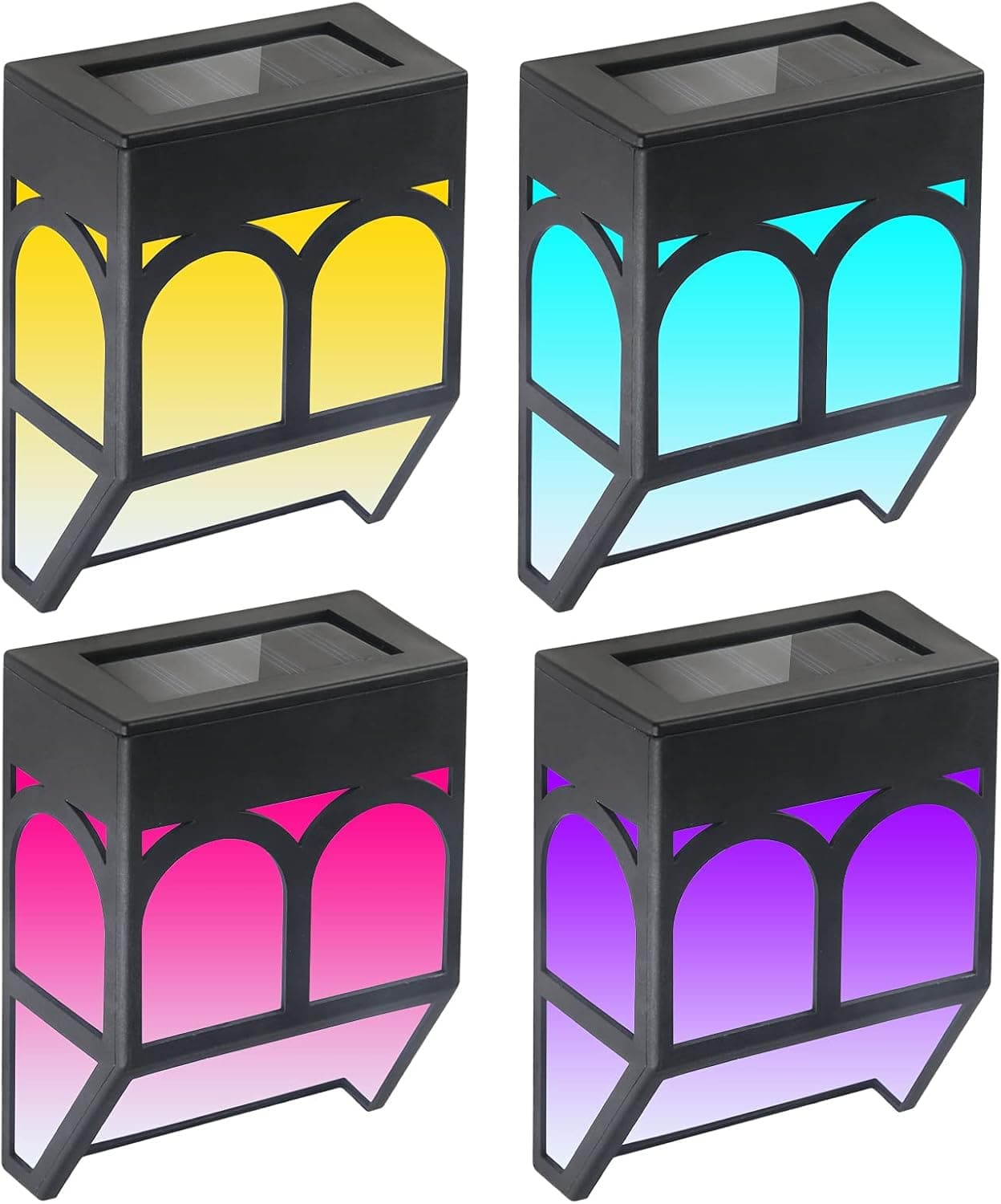 4 Pack Outdoor Solar Fence Lights, Led Solar Deck Wall Lights Waterproof 2 Modes Warm White and Color Changing for Post, Patio, Step, Stair, Pathway and Garden