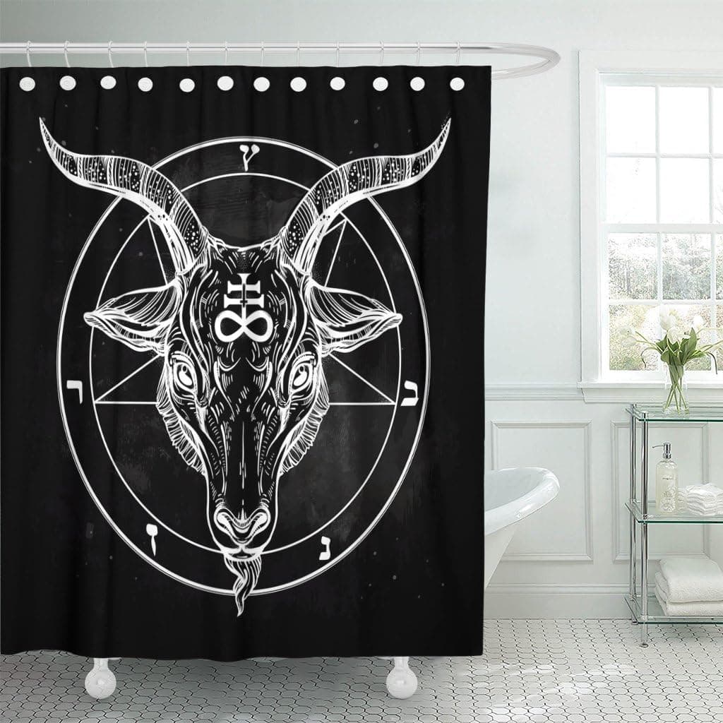 Emvency Shower Curtain Pentagram with Demon Baphomet Satanic Goat Head Binary Symbol Tattoo Retro Music Summer for Biker Black Waterproof Polyester Fabric 72 x 72 inches Set with Hooks