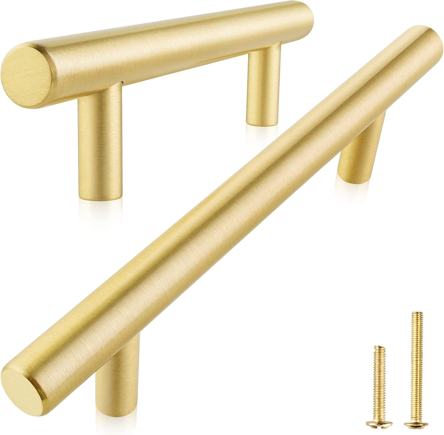 QOGRISUN 2-Pack Solid Brass Cabinet Pulls, Gold Euro Style T Bar Handles, 6-1/4-Inch Hole Center for Kitchen Drawer Dresser Cupboard, 8.7-Inch Total Length, Brushed Brass Finish