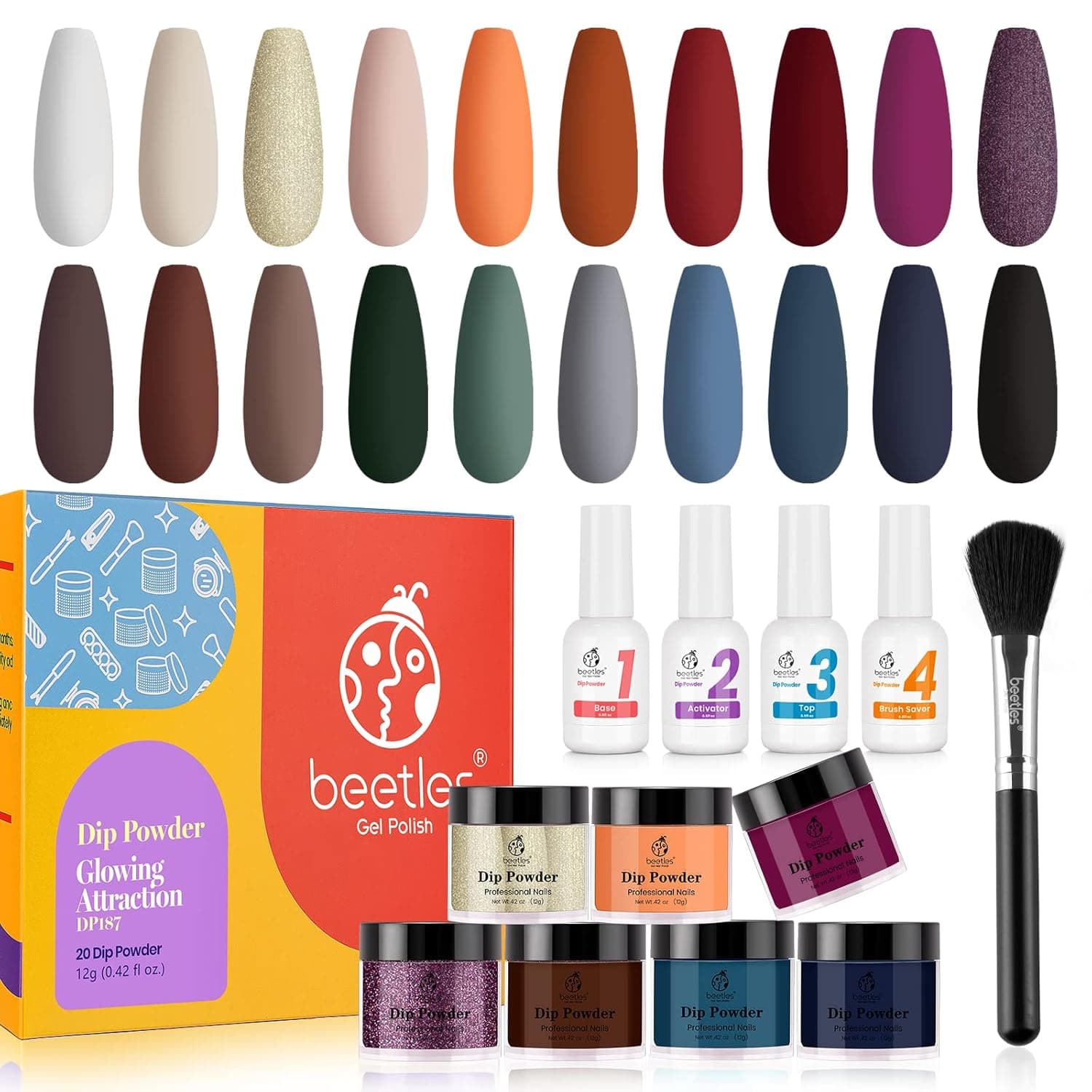 Beetles Nail Dipping Powder Colors Set Nail Manicure Nail Art Kit Base Top Coat Dip Powder Activator Brush Saver-Glowing Attraction Collection Dipping Powder Set Orange Burgundy Red Purple
