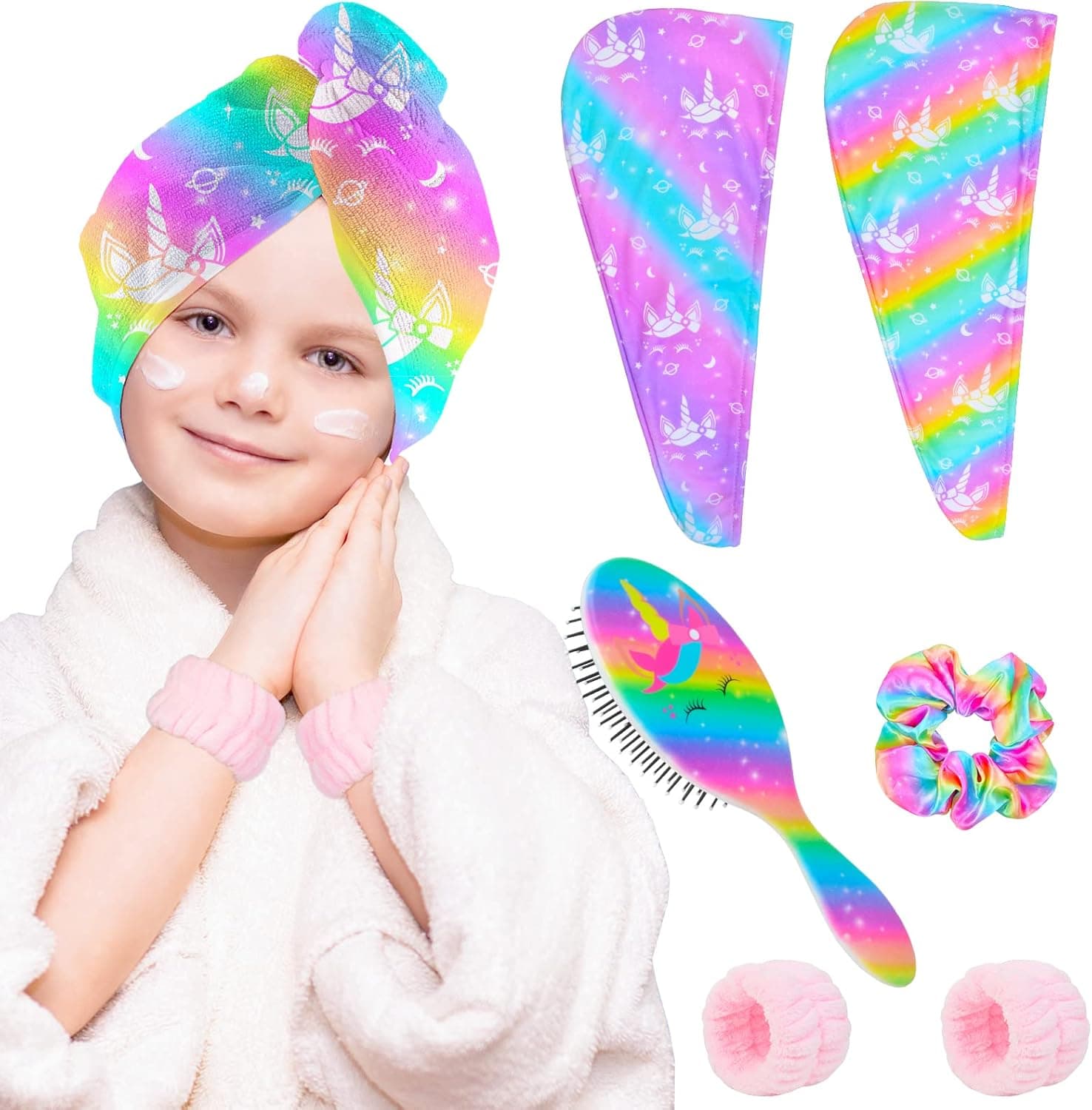 Microfiber Hair Towel Wrap Set for Kids 2 Pack Rapid Drying Hair Towel with Button Hair Turbans for Wet Hair Wraps Head Towel Wrap for Women and Girls Contains Hair Brush and Face Washing Wristbands