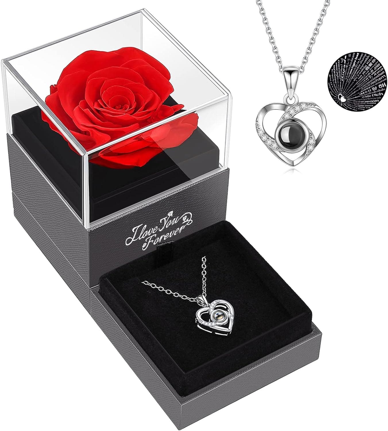 ASELFAD Preserved Red Real Rose with I Love You Necklace -Eternal Flowers Rose Gifts for Mom Wife Girlfriend Her on Anniversary Mothers Day Valentines Day Christmas Birthday Gifts for Women