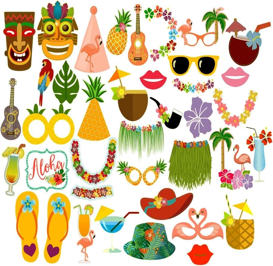 KKONETOY Luau Photo Booth Props Kit,Fiesta Photo Booth Props - 36 Pack Party Camera Props Fully Assembled,Hawaiian Decorations/Tropical/Tiki/Summer Pool Party Decorations Supplies