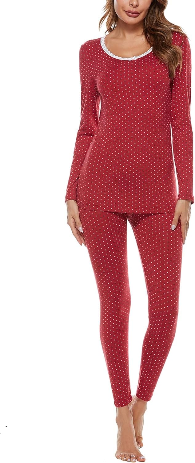 FINWANLO Thermal Underwear for Women Lightweight Long Johns Set Soft Cotton Base Layer Top & Bottom Pajamas