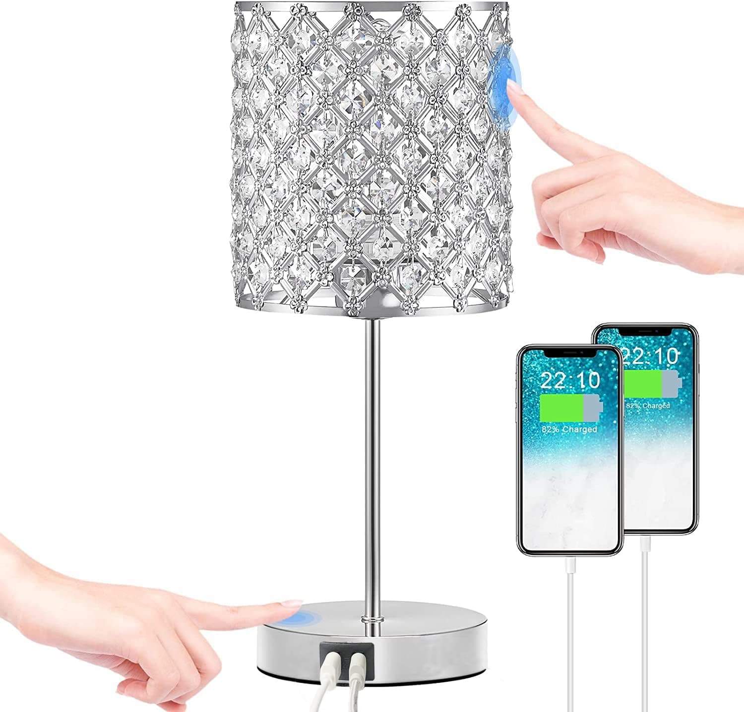ZNL Home Good s Touch Control Crystal Table Lamp - Desk Lamp with Dual USB Charging Ports, 3-Way Dimmable Bedside Light Modern Nightstand Lamp for Bedroom Living Room