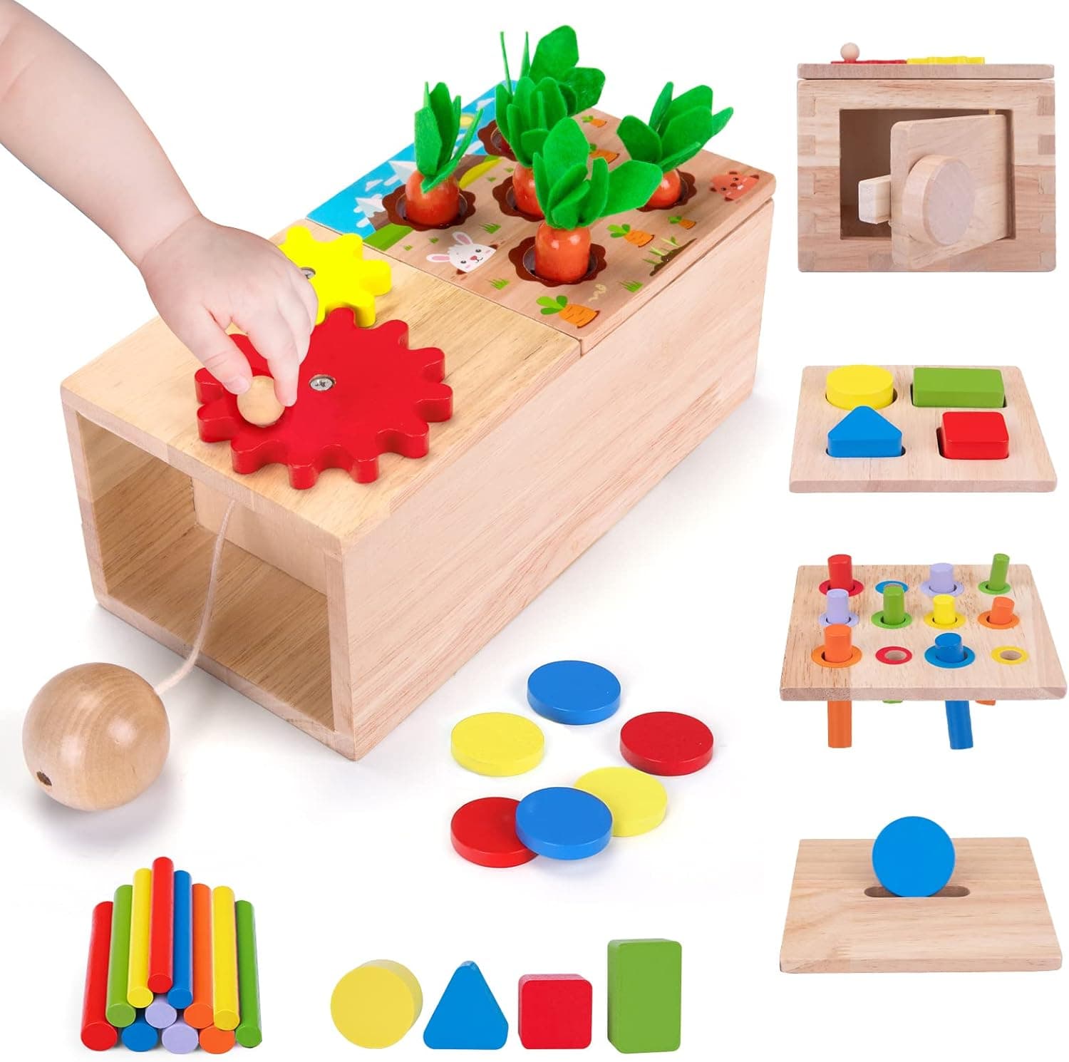 Wdmiya Montessori Toys for 1 Year Old, 6 in 1 Wooden Baby Toys Includes Coin Box, Carrot Harvest Game, Matchstick Color Drop Shape Sorter and Color Stacker, Easter Gifts for Boys Girls 12 Month+
