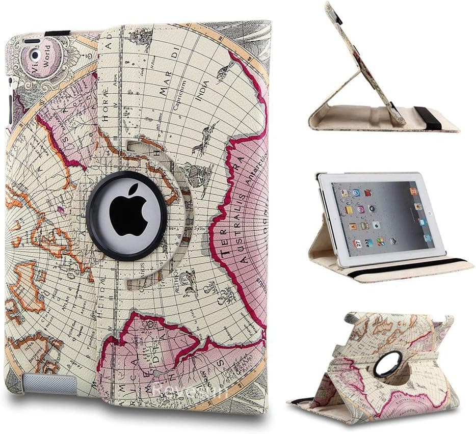 Revesun 360-degree Rotating Stand Meridian & Parallel World Map Pattern PU Protective Case +Stylus+Protector for iPad Air 2 /The New iPad 6 - Purple