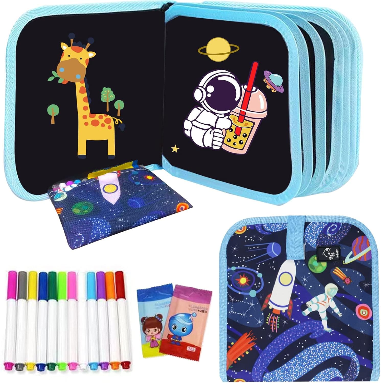 GIFTRRTOY Kids Erasable Doodle Book Set - 14 Page Reusable Drawing Pads with 12 Watercolor Pens, Kids Magic Drawing Book for Toddlers Travel Essential, Kids Travel Activity for Boys Girls(Blue)