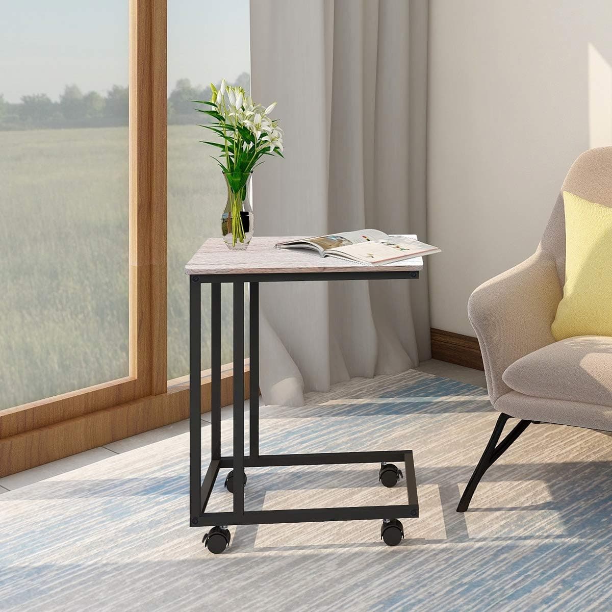Sofa Table Mobile Coffee Table Heavy Duty Iron Snack Tables End Desk with Wheels Nature Wood Look Accent Black Metal Frame Small Side C Tables