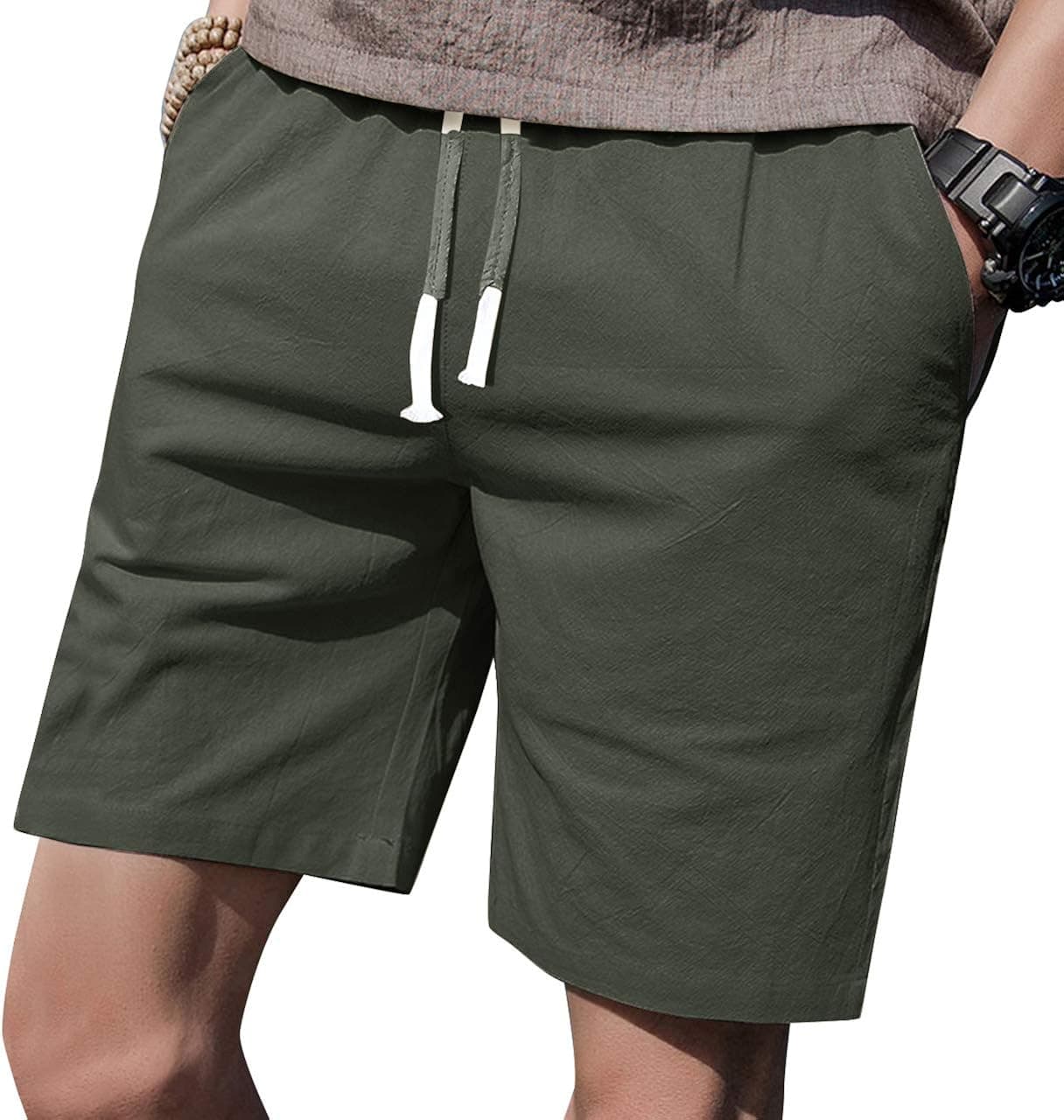 LTIFONE Mens Casual Shorts Elastic Waist 7" Inseam with Drawstring Slim Fit Summer Pants with Pockets(Army Green,M)