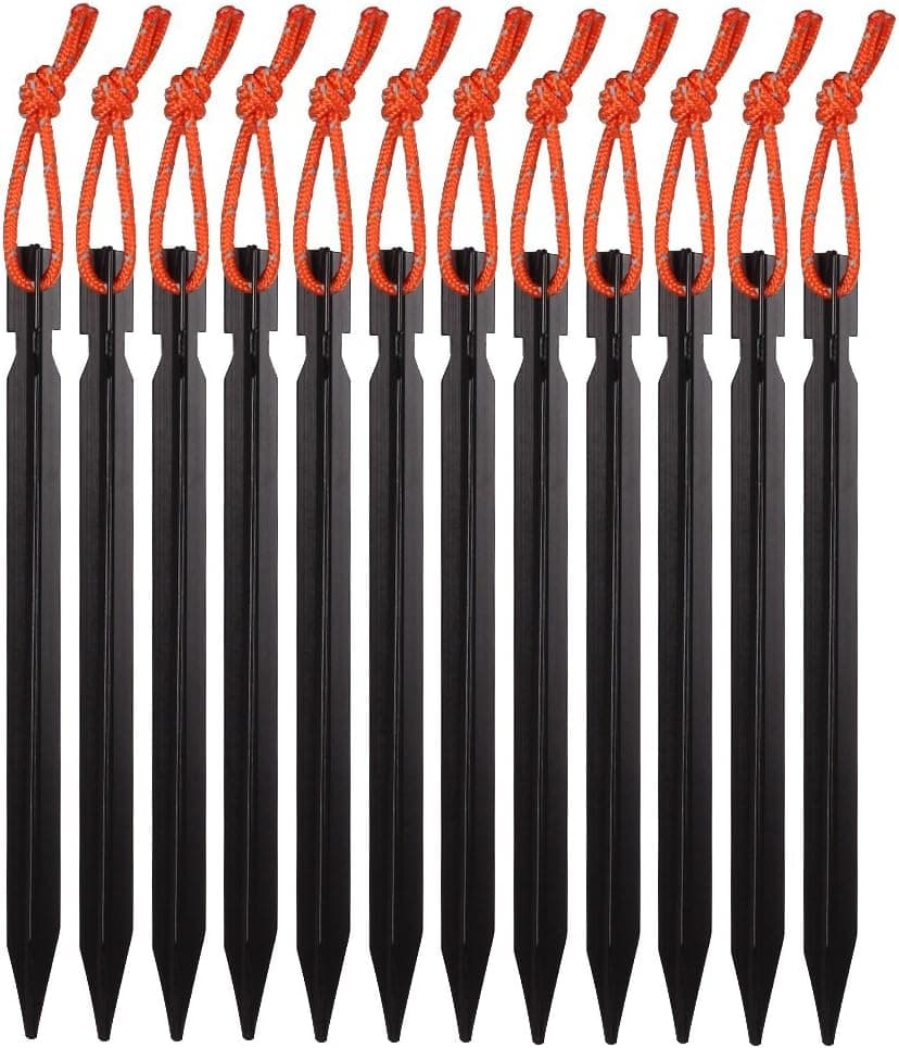 MINI-FACTORY Pack of 12, 7075 Aluminum Tent Stakes, Lightweight Tent Pegs with Reflective Pull Cords for Outdoor Camping