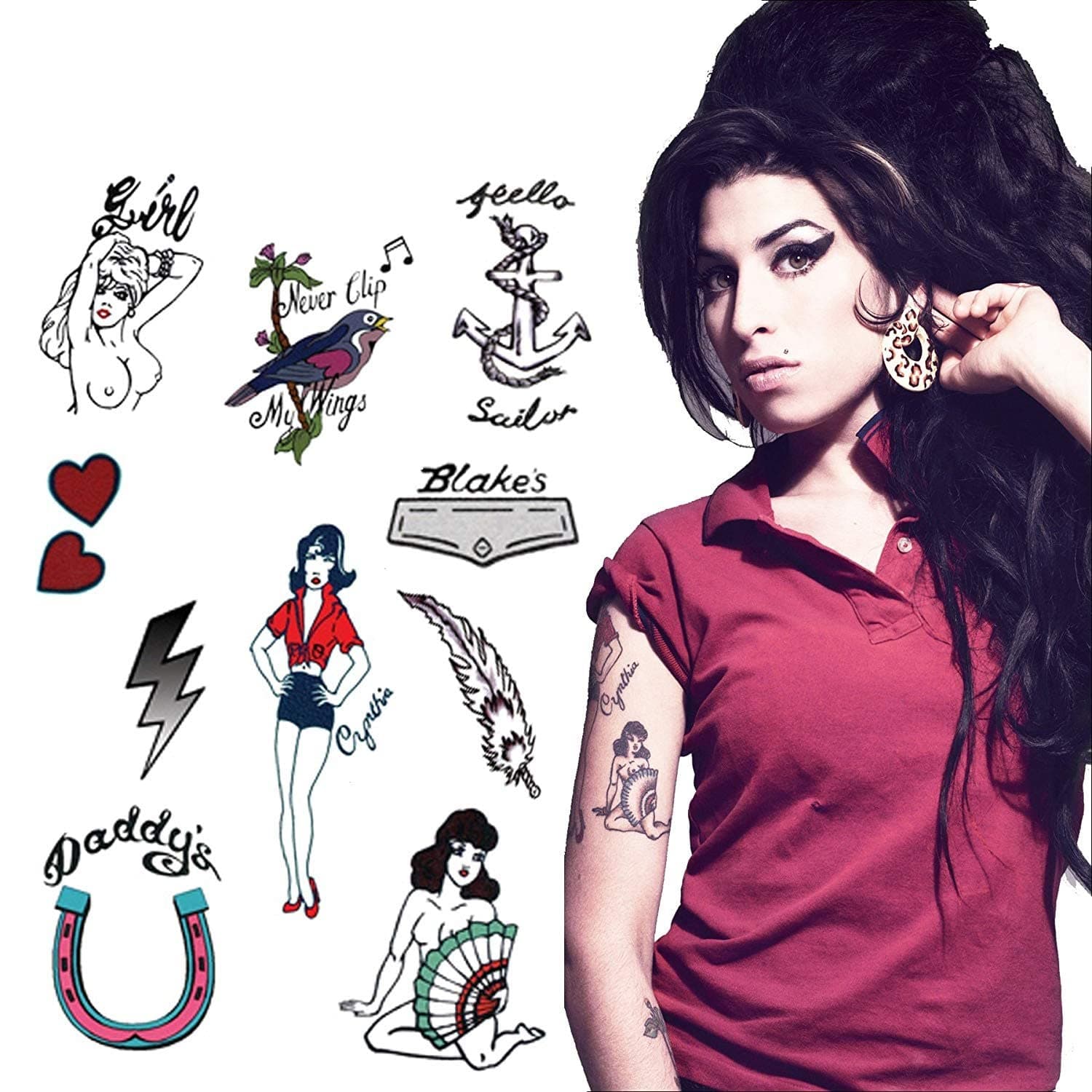 Amy Winehouse Tattoo Set | Temporary Tattoos | Halloween Costume | Skin Safe