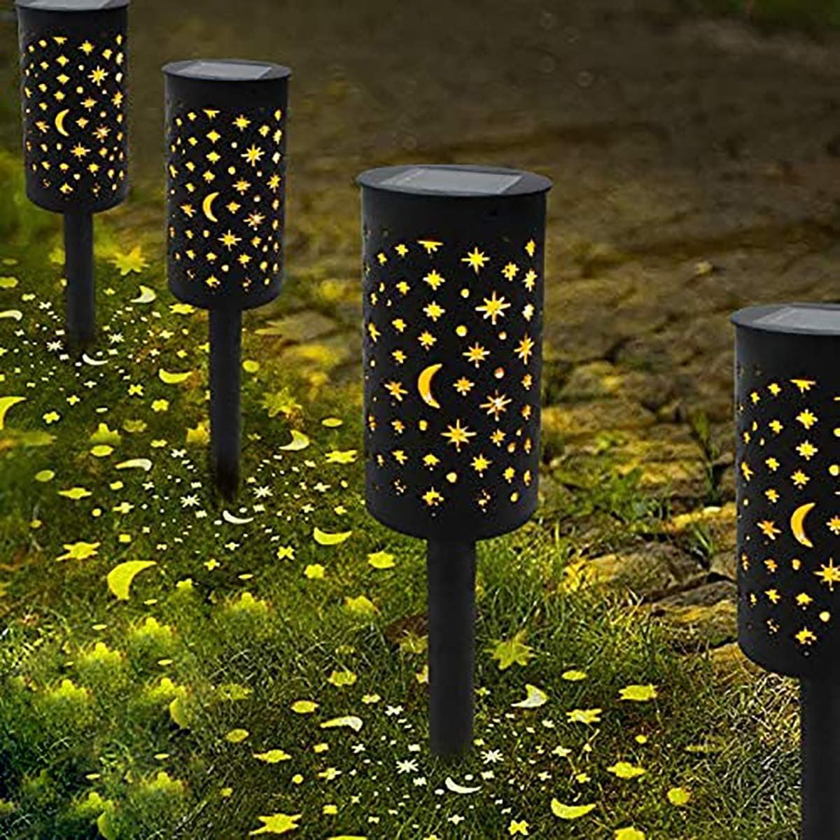 6 Pack Solar Lights Pathway Outdoor Garden Patio Path Landscape Lights Yard Driveway Lawn Walkway Decoration Star Moon Solar Lantern Waterproof Outside Path Hanging Sidewalk Courtyard Black