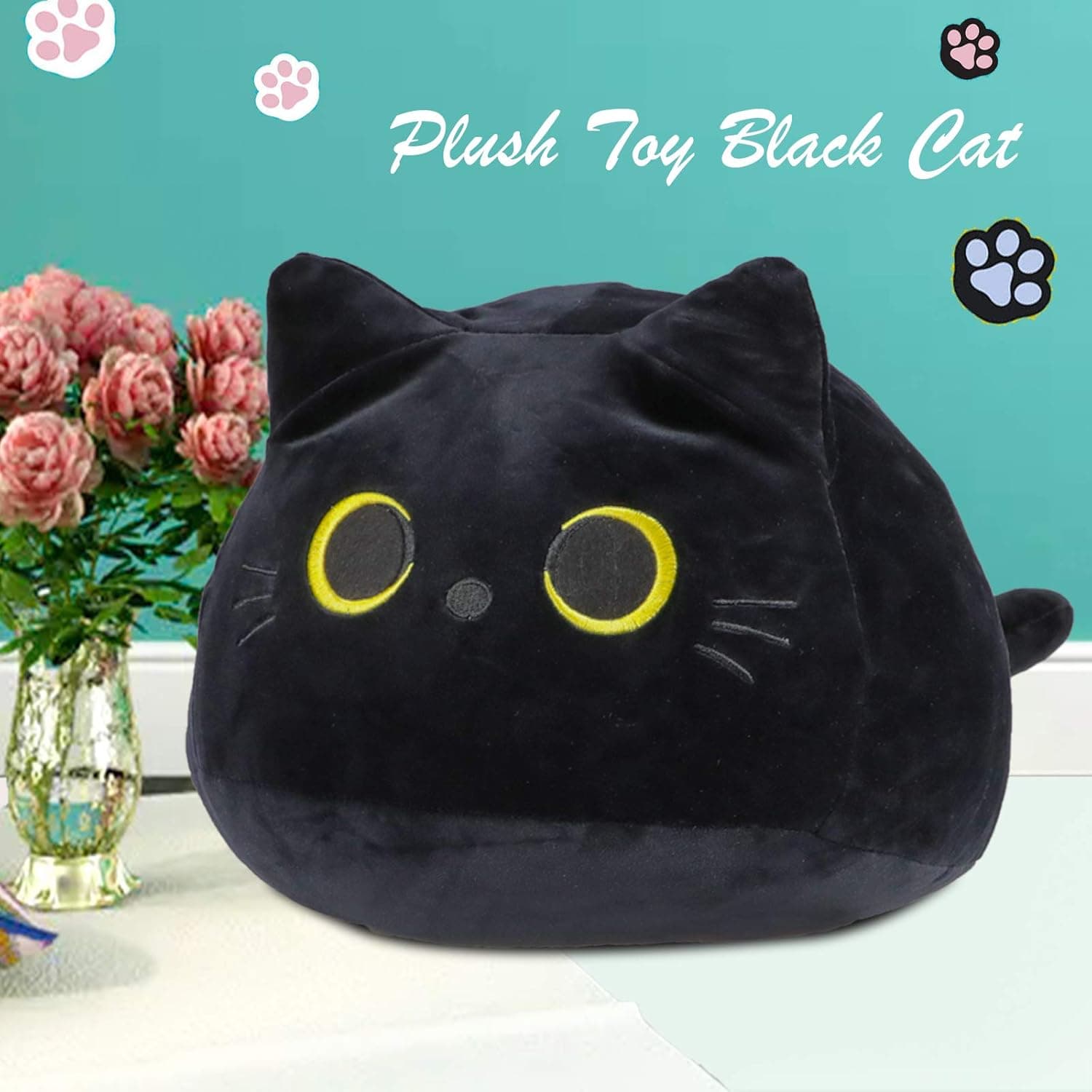 Aoolbic 3D Black Cat Plush Toy Pillow, Cute Animal Cat-Shaped Stuffed Pillow Cushion Great Gifts/Gifted for Birthday, Valentine's Day, Christmas to Give Girlfriend,Children and Kids (Black-L(11"))